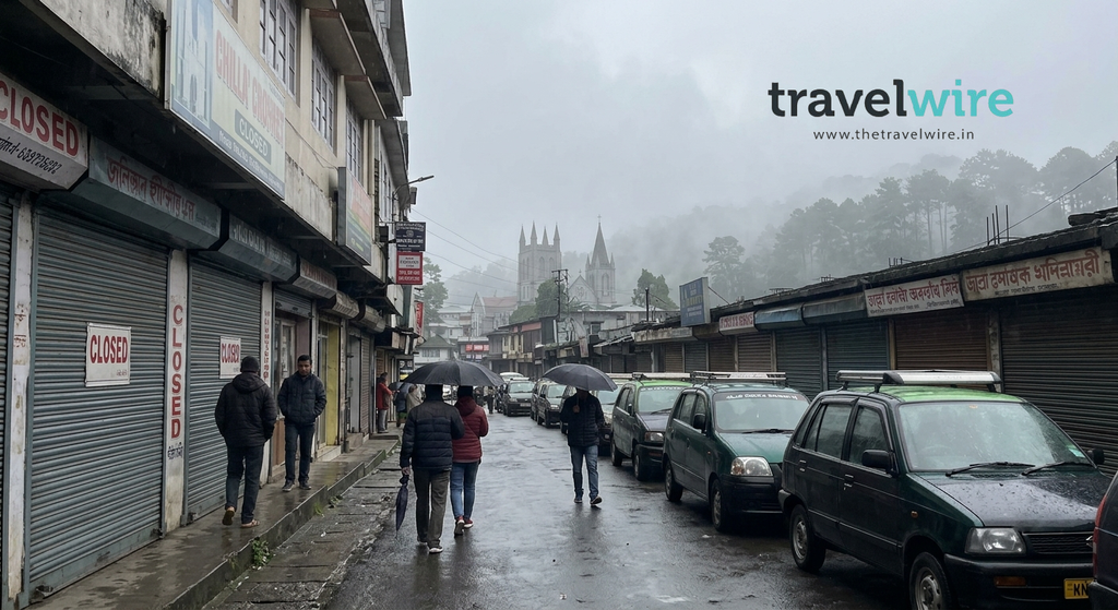 To support the "Meghalaya Tourism Hit by Shillong Unrest" section, this candid street photograph shows Police Bazar, Shillong, during a rainy, quiet afternoon. Shopfronts are closed, and the streets are unusually empty, illustrating the immediate impact of the unrest on the city’s atmosphere.
