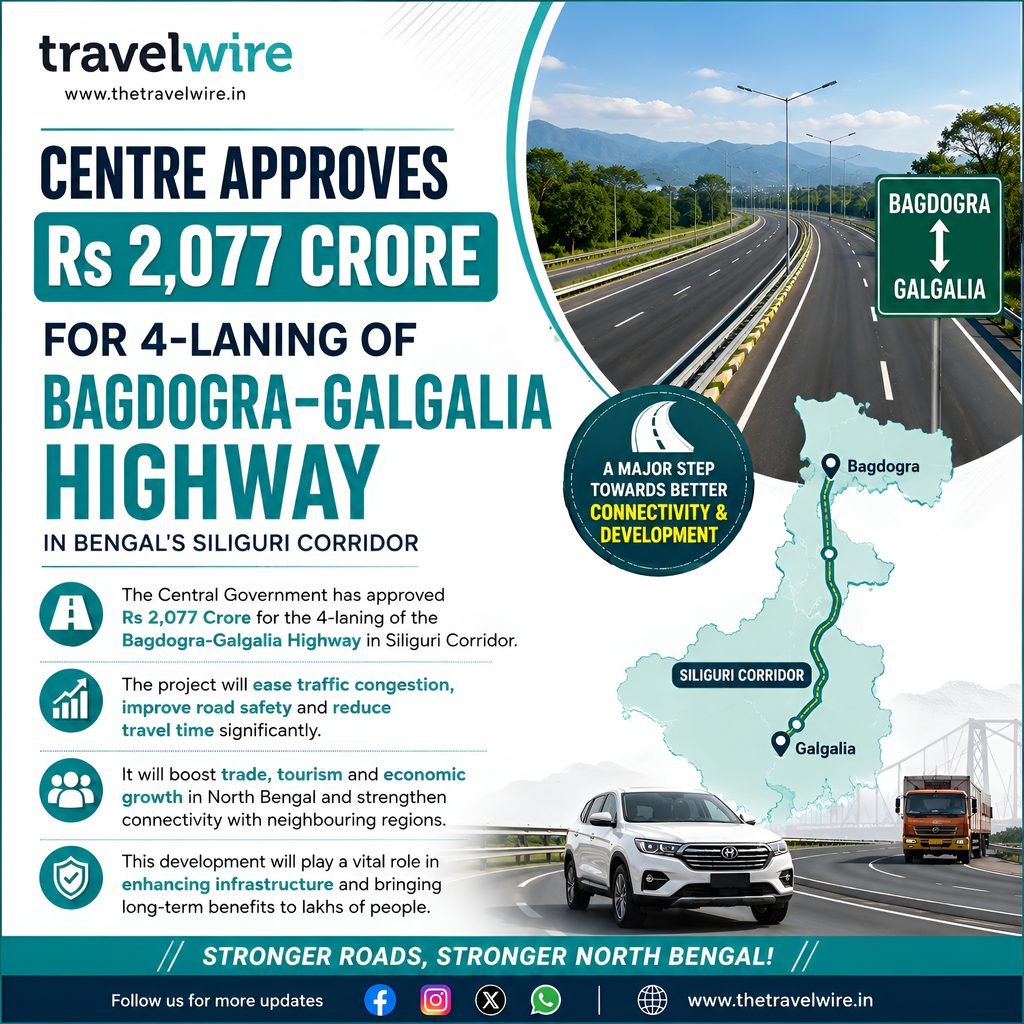 A major road infrastructure push is set to reshape connectivity in the Siliguri region, with the Centre approving ₹2,077.18 crore for the four-laning of NH-327 between Bagdogra and Galgalia. The project is particularly significant for travellers and transport operators using the Siliguri Corridor as a gateway to Sikkim, Darjeeling, North Bengal and the Northeast. The Centre has approved ₹2,077.18 crore for the four-laning of the 31.02-km Bagdogra–Panitanki–Kharibari–Galgalia section of National Highway 327 (NH-327), marking a major proposed infrastructure upgrade for North Bengal and the strategically important Siliguri Corridor.